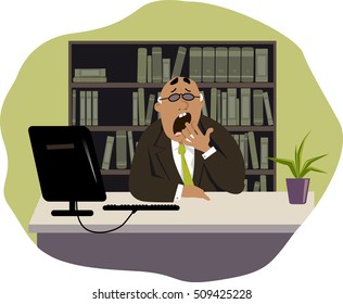 Yawning man sitting at his desk in the office, EPS 8 vector illustration