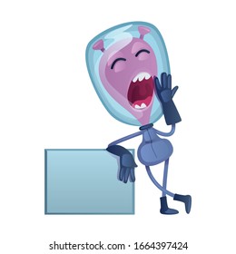 Yawning martian flat cartoon vector illustration. Gaping alien with blank banner. Ready to use 2d character template for commercial, animation, printing design. Isolated comic hero