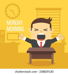 Despierta trabajadora de oficina. Concepto de lunes por la mañana. Antecedentes de oficina creativa. Ilustración vectorial de diseño plano.