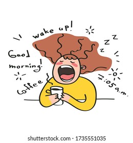 A yawning woman with ruffled wavy hair with a cup of morning coffee. The sleepy person is trying to wake up and yawns. Good morning, a.m., wake up, coffee lettering. Vector stock cartoon illustration.