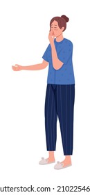 Yawning woman semi flat color vector character. Posing and gesturing figure. Full body person on white. Awake early isolated modern cartoon style illustration for graphic design and animation