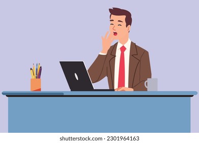 Yawning at work and suited person yawning at office with working at workplace in laptop for dizziness and nap at work. Yawning person sitting on chair with laptop and suited person working in laptop