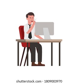 Yawning Worker, Tired and Exhausted in Working Front of Computer Flat Illustration
