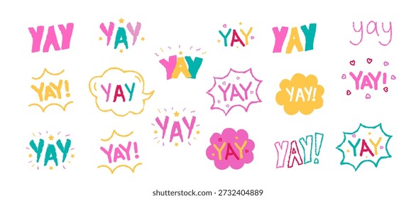 Yay speech bubbles for celebration and joyful design with colorful comic style by hand drawn elements. Bright shapes for posters, greeting cards. Funky lettering for creative design templates.