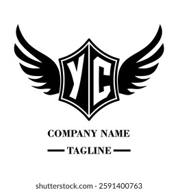 YC bold shield logo with wings, customizable with letters A to Z. Perfect for brands seeking a powerful symbol of strength, freedom, and ambition