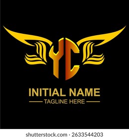 YC Golden Wing Emblem Logo with elegant gold wings, sleek and modern design. Ideal for branding, creative projects, luxury businesses, or artistic ventures.