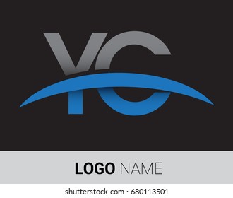 YC initial logo company name colored grey and blue swoosh design.