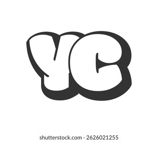YC logo, bubble comic lettering, rounded in graffiti style black and white silhouette. Trendy preschool Y and C letter text for festival party, personal initials, children funky print and web.