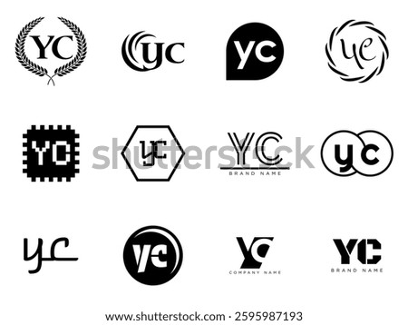 YC logo company template. Letter y and c logotype. Set different classic serif lettering and modern bold text with design elements. Initial font typography. Collection trendy business identity.