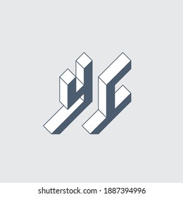YC - monogram or logotype. Volume alphabet. Three-dimension letters Y and C. Isometric 3d font for design.