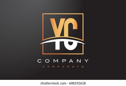 YC Y C Golden Letter Logo Design with Swoosh and Rectangle Square Box Vector Design.