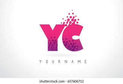 YC Y C Letter Logo with Pink Letters and Purple Color Particles Dots Design.
