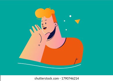 YCommunication, emotion, face, expression, advertising, promotion concept. Young happy smiling cheerful man guy boy teenager character standing shouting or screaming loud to side with hand on mouth.