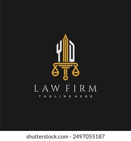 Monograma inicial de YD para el logotipo del bufete de abogados con espada y escala