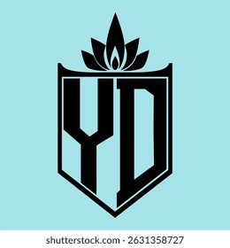 YD Logo featuring a minimalist design with a crown-like flower symbol on top, bold black elements, and a soft blue background, perfect for branding and modern visual identity.