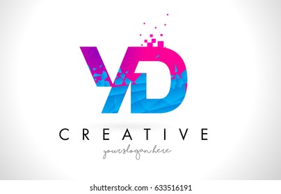 YD Y D Letter Logo with Broken Shattered Blue Pink Triangles Texture Design Vector Illustration.