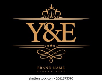 Y&E Initial logo, Ampersand initial logo gold with crown and classic pattern
