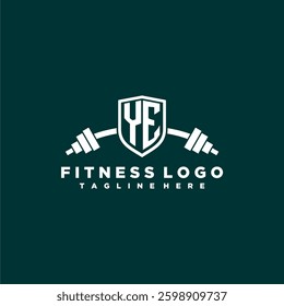 YE initial monogram for fitnes or gym logo with creative shield and barbell design
