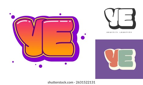 YE logo design for festival or party. Initial letter y and e in graffiti style. Creative modern lettering company name of font typography. Kids trendy logotype or identity. Vector illustration.