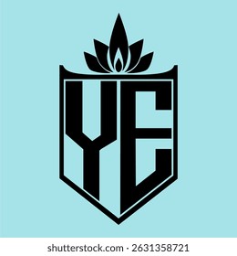YE Logo featuring a minimalist design with a crown-like flower symbol on top, bold black elements, and a soft blue background, perfect for branding and modern visual identity.