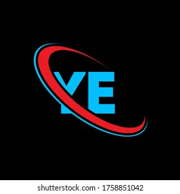 YE Y E letter logo design. Initial letter YE linked circle uppercase monogram logo red and blue. YE logo, Y E design. ye, y e