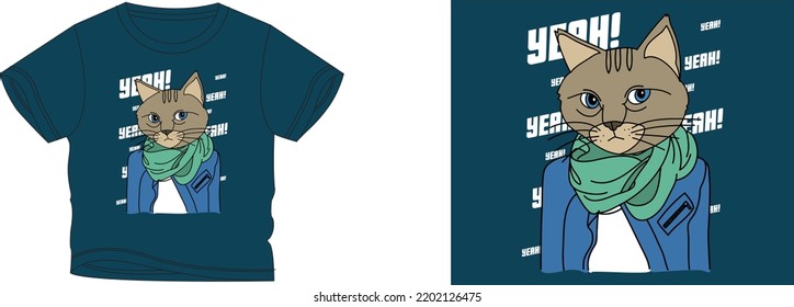 YEAH! cat t-shirt design background color is a blue and t-shirt color is a blue beautiful color and beautiful design