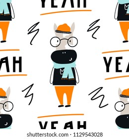 Yeah - Cute hand drawn nursery seamless pattern with cool cow animal with glasses and hand drawn lettering. Vector illustration in scandinavian style.