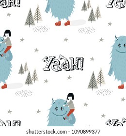 Yeah- Cute seamless pattern with boy and monster and lettering in scandinavian style. Color kids vector illustration.
