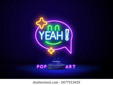 YEAH lettering neon sign. Word in cloud with lightening on brick wall background. Vector illustration in neon style for billboards, banners, good news