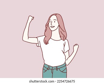 Yeah pose cheerful confident woman celebrates success shout winner simple korean style illustration