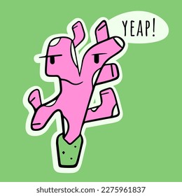 Yeap.sticker of cute cactus in flowerpot. desert plant isolated.succulents with funny face.Kawaii cactus