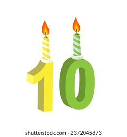 Year 10 birthday. Anniversary celebration with a burning candle, vector illustration