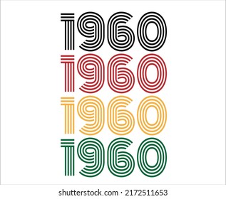 Jahr 1960 Retro-Schriftart. Vektorgrafik zum Geburtstag in Schwarz, Rot, Orange und Grün.