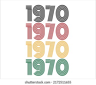 Fuente retro de año 1970. Vector con año para cumpleaños en negro, rojo, naranja y verde.