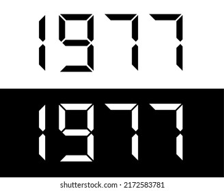 Year 1977 black and white digital numbers font.