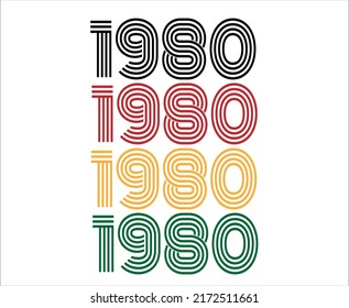 Year 1980 retro font. Vector with year for birthday in black, red, orange and green.