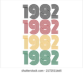 Year 1982 retro font. Vector with year for birthday in black, red, orange and green.