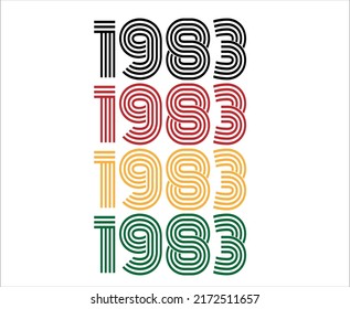 Year 1983 retro font. Vector with year for birthday in black, red, orange and green.