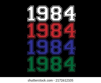 Year 1984 school font, numeral in white, red, blue and green in background black.