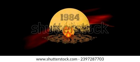 Year 1984. Vector with the year on a black background. Picture of bonfire and moon