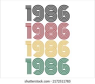 Year 1986 retro font. Vector with year for birthday in black, red, orange and green.