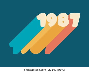 Year 1987 lettering, long shadow, retro color palette, dark background.