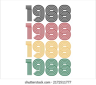 Year 1988 retro font. Vector with year for birthday in black, red, orange and green.