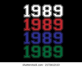 Year 1989 school font, numeral in white, red, blue and green in background black.