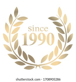 Year 1990 gold laurel wreath vector isolated on a white background 