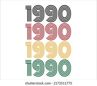 Fuente retro de año 1990. Vector con año para cumpleaños en negro, rojo, naranja y verde.