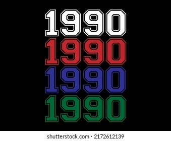 Year 1990 school font, numeral in white, red, blue and green in background black.