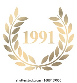 Year 1991 gold laurel wreath vector isolated on a white background 