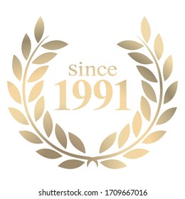 Year 1991 gold laurel wreath vector isolated on a white background 