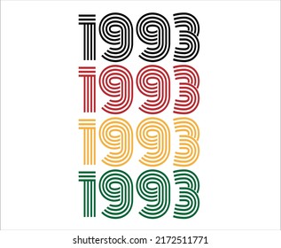 Year 1993 retro font. Vector with year for birthday in black, red, orange and green.